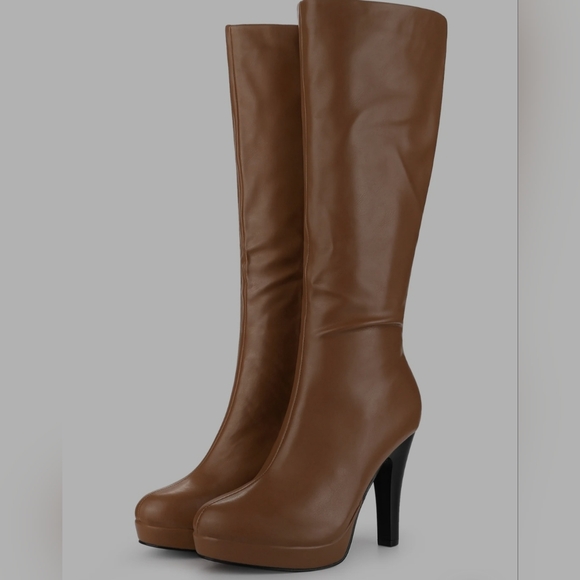 Allegra K | Faux Leather Chunky Heel Round Toe Zipper Platform Knee High Boots - Picture 1 of 8